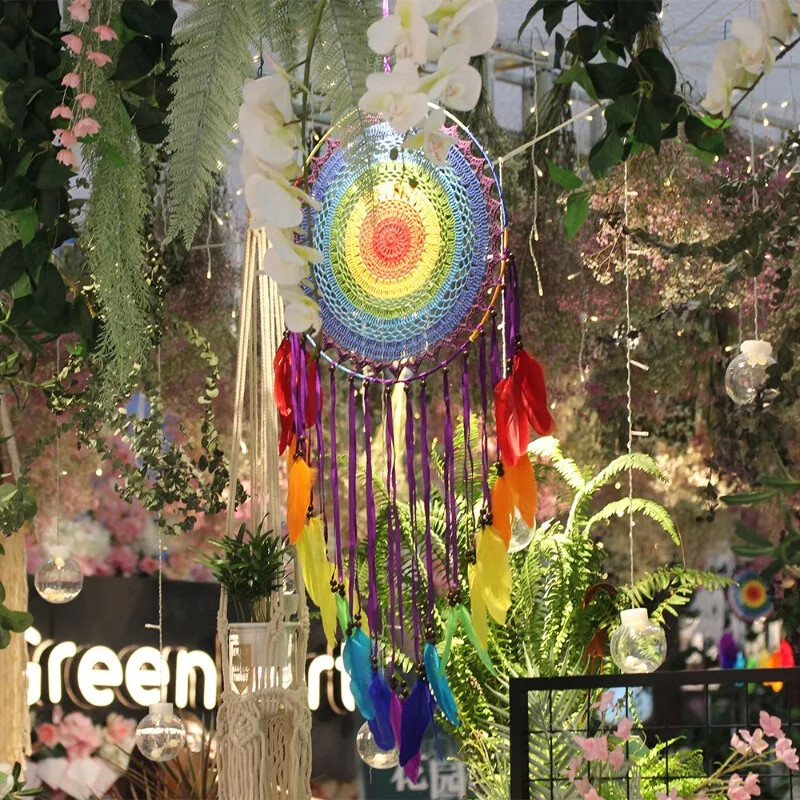 Apărător de vise curcubeu, mare, prins de vise cu pene colorate lucrat manual, decorarea peretelui dormitorului, bijuterii artizanale, cadou de binecuvântare