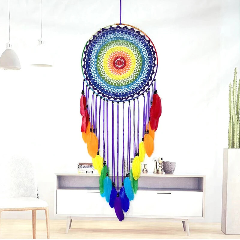 Apărător de vise curcubeu, mare, prins de vise cu pene colorate lucrat manual, decorarea peretelui dormitorului, bijuterii artizanale, cadou de binecuvântare