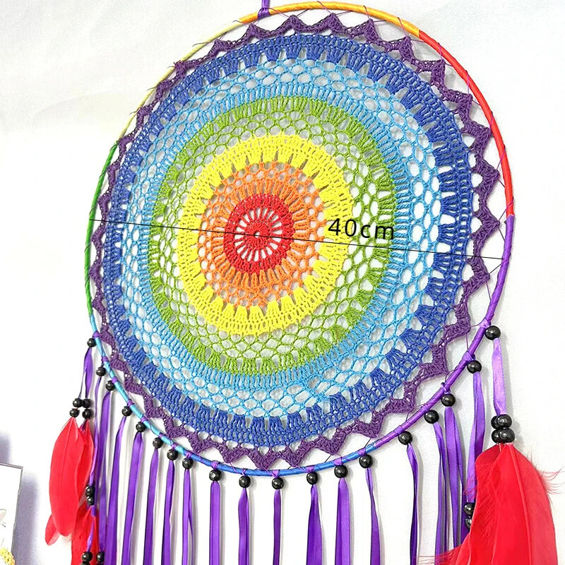 Apărător de vise curcubeu, mare, prins de vise cu pene colorate lucrat manual, decorarea peretelui dormitorului, bijuterii artizanale, cadou de binecuvântare