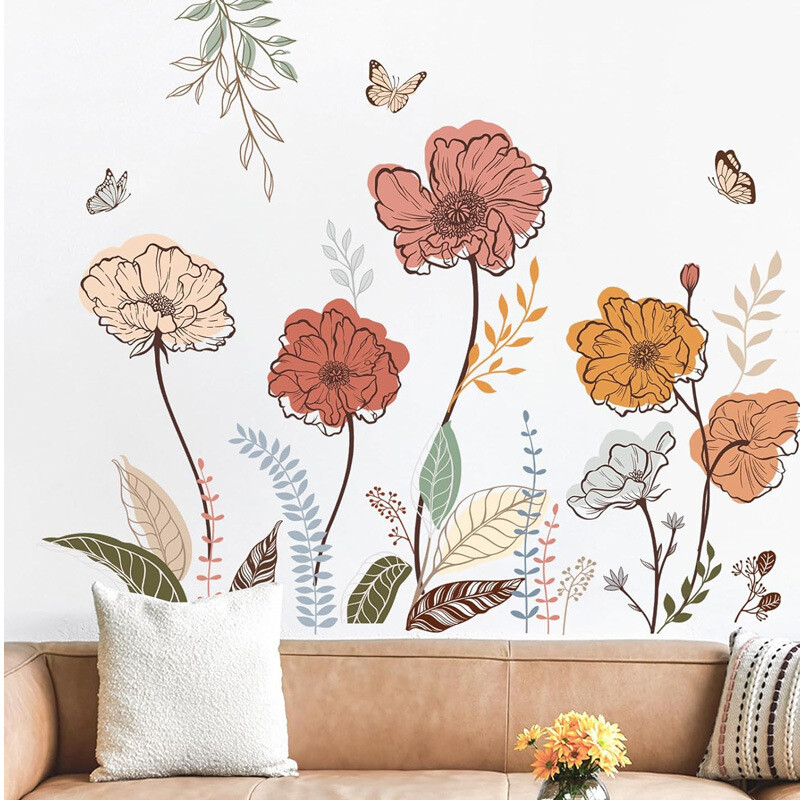 Autocolant de perete cu flori boeme, fluture, dormitor, autocolante autoadezive, calde, pe perete, pictură decorativă, tapet Boho