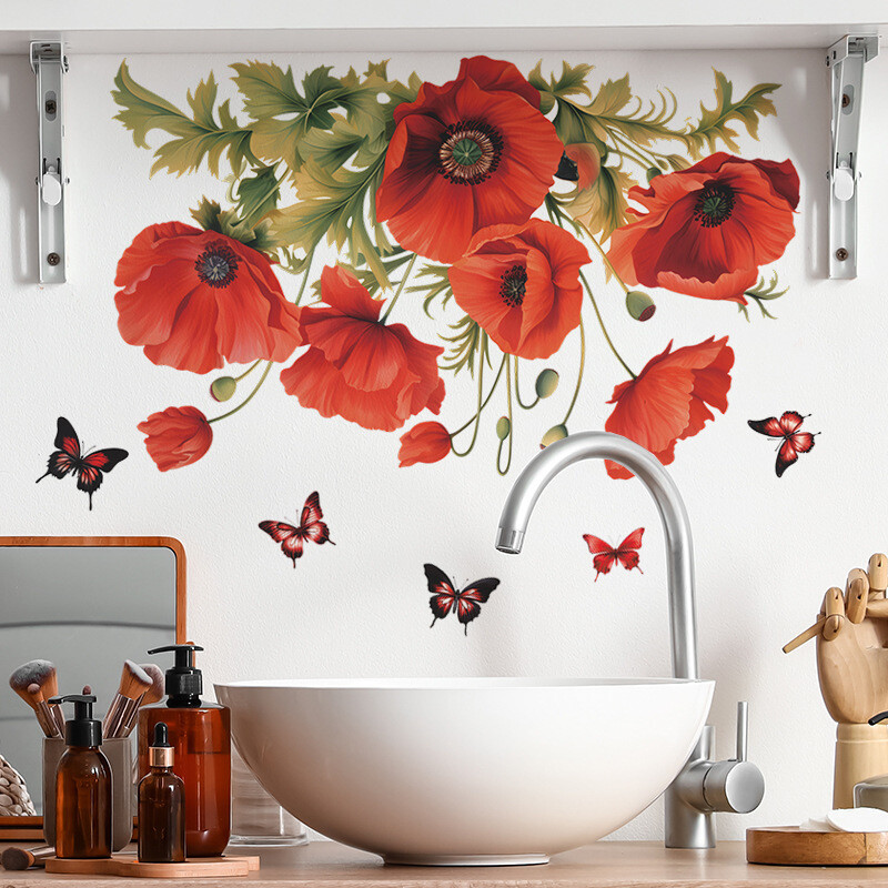 Autocolante romantice de perete cu fluturi de mac pentru sufragerie, intrare, dormitor, decorarea casei, flori roșii, autocolant de perete autoadeziv