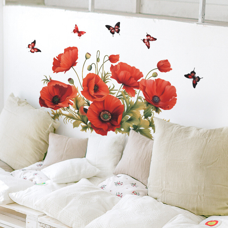 Autocolante romantice de perete cu fluturi de mac pentru sufragerie, intrare, dormitor, decorarea casei, flori roșii, autocolant de perete autoadeziv