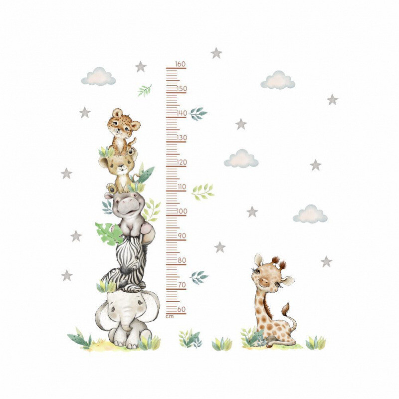 Desen animat elefant zebră înălțime autocolante de perete camera copiilor decor grădiniță bebeluși animale măsoară înălțimea riglă autocolant de perete