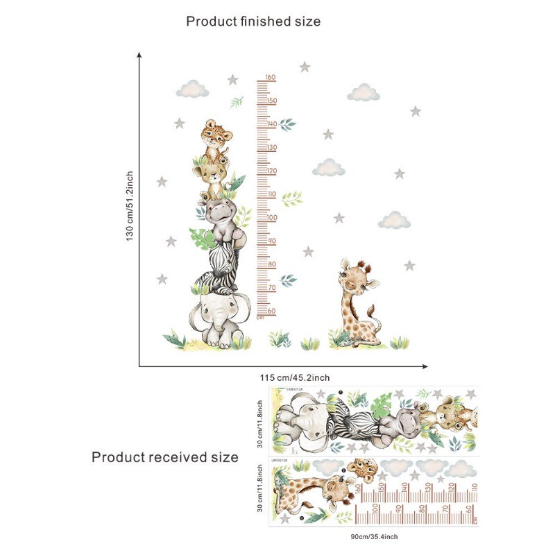 Desen animat elefant zebră înălțime autocolante de perete camera copiilor decor grădiniță bebeluși animale măsoară înălțimea riglă autocolant de perete