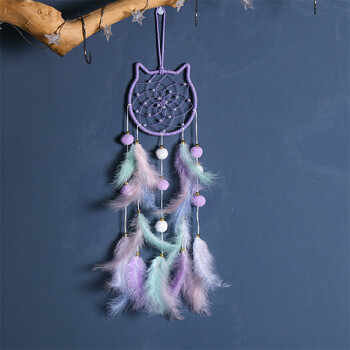 Pompom Ball Cat Dream Catcher Κρεμαστό κόσμημα για κορίτσια Διακόσμηση Κοιτώνα Χειροποίητο πουπουλένιο Ονειροπαγίδα με ελαφρύ στολίδι