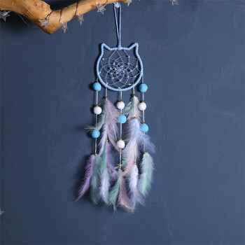 Pompom Ball Cat Dream Catcher Κρεμαστό κόσμημα για κορίτσια Διακόσμηση Κοιτώνα Χειροποίητο πουπουλένιο Ονειροπαγίδα με ελαφρύ στολίδι