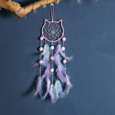 Pompom Ball Cat Dream Catcher Κρεμαστό κόσμημα για κορίτσια Διακόσμηση Κοιτώνα Χειροποίητο πουπουλένιο Ονειροπαγίδα με ελαφρύ στολίδι