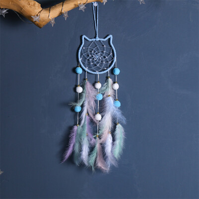 Pompom Ball Cat Dream Catcher Κρεμαστό κόσμημα για κορίτσια Διακόσμηση Κοιτώνα Χειροποίητο πουπουλένιο Ονειροπαγίδα με ελαφρύ στολίδι