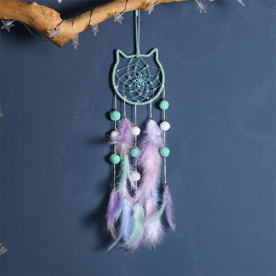 Pompom Ball Cat Dream Catcher Κρεμαστό κόσμημα για κορίτσια Διακόσμηση Κοιτώνα Χειροποίητο πουπουλένιο Ονειροπαγίδα με ελαφρύ στολίδι