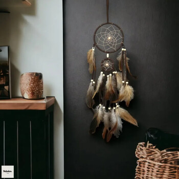 1 PC Indian Dream Catcher με καφέ φτερά - Αξεσουάρ κρεβατοκάμαρας Dream Catcher που κρέμονται στον τοίχο - Wind Chime Dream Catcher