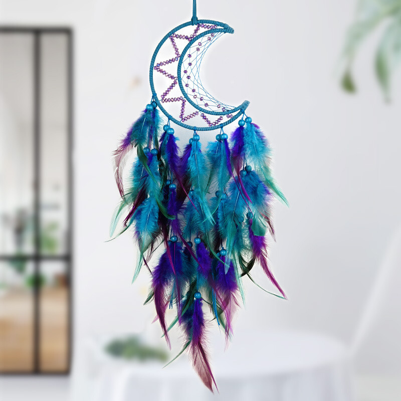 Indian Moon Dreamcatcher Clopoței de vânt țesute manual cu pene Ornament pentru agățat pe perete de cameră creativ pandantiv mașină Cadou de aniversare Decor acasă