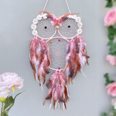 Ροζ κουκουβάγια Dream Catcher Χειροποίητα κουδούνια αέρα Διακόσμηση τοίχου Σαλόνι Υπνοδωμάτιο Κρεμαστά στολίδια Δώρα Φεστιβάλ Αξεσουάρ σπιτιού