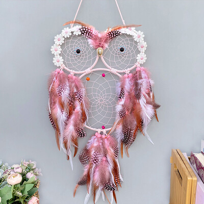 Ροζ κουκουβάγια Dream Catcher Χειροποίητα κουδούνια αέρα Διακόσμηση τοίχου Σαλόνι Υπνοδωμάτιο Κρεμαστά στολίδια Δώρα Φεστιβάλ Αξεσουάρ σπιτιού