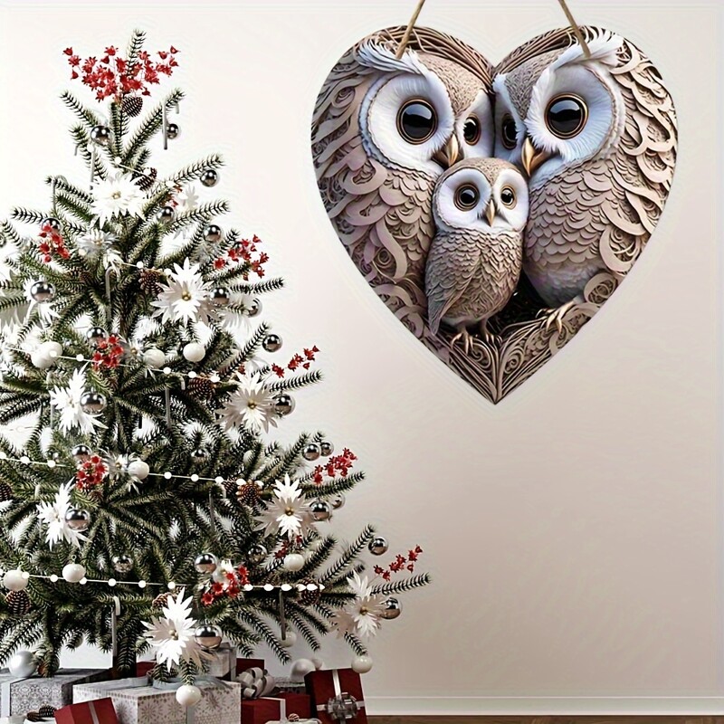 O listă de decorațiuni de bufniță plată din lemn de epocă, o listă fermecătoare de familie de bufnițe de 8 x 8 inci în formă de inimă, decorare familială caldă