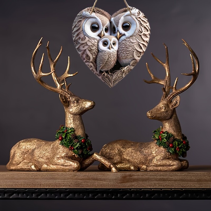 O listă de decorațiuni de bufniță plată din lemn de epocă, o listă fermecătoare de familie de bufnițe de 8 x 8 inci în formă de inimă, decorare familială caldă