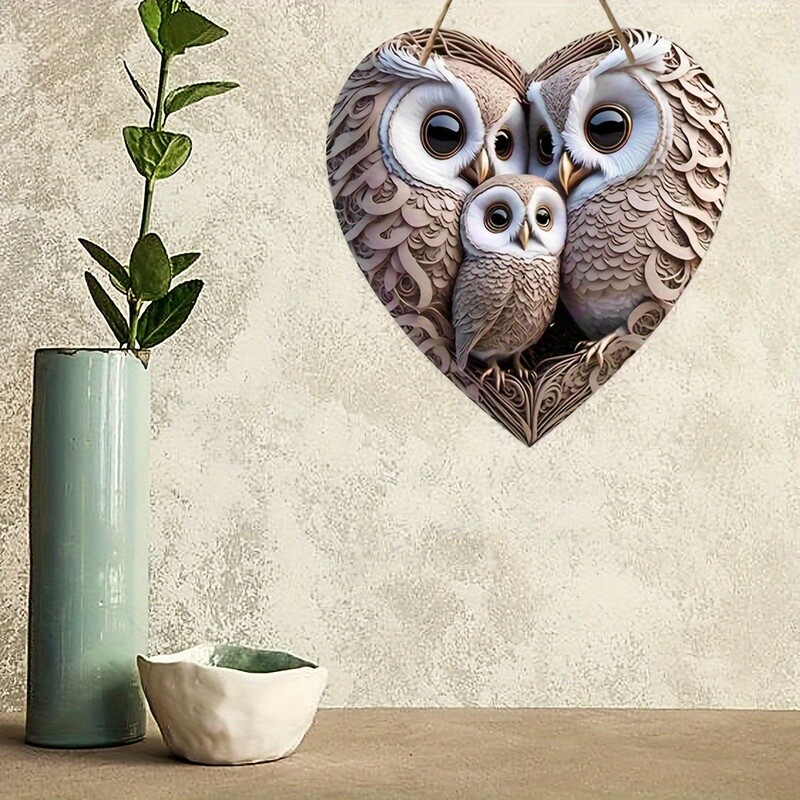 O listă de decorațiuni de bufniță plată din lemn de epocă, o listă fermecătoare de familie de bufnițe de 8 x 8 inci în formă de inimă, decorare familială caldă