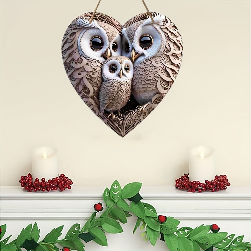 O listă de decorațiuni de bufniță plată din lemn de epocă, o listă fermecătoare de familie de bufnițe de 8 x 8 inci în formă de inimă, decorare familială caldă
