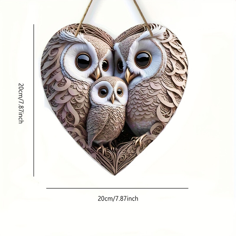 O listă de decorațiuni de bufniță plată din lemn de epocă, o listă fermecătoare de familie de bufnițe de 8 x 8 inci în formă de inimă, decorare familială caldă