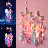 Unicorn Dream Catcher LED Light Wind Chimes Feather Hanging Dream Catchers Υπνοδωμάτιο Κρεμάστρες τοίχου Διακόσμηση Unicorn Dreamcatcher