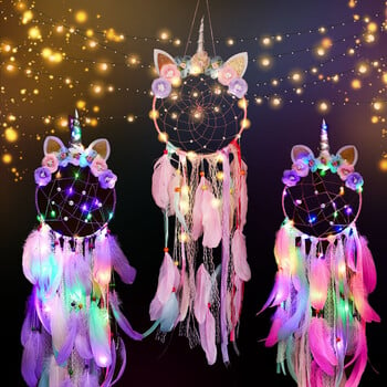 Unicorn Dream Catcher LED Light Wind Chimes Feather Hanging Dream Catchers Υπνοδωμάτιο Κρεμάστρες τοίχου Διακόσμηση Unicorn Dreamcatcher