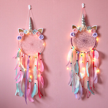 Unicorn Dream Catcher LED Light Wind Chimes Feather Hanging Dream Catchers Υπνοδωμάτιο Κρεμάστρες τοίχου Διακόσμηση Unicorn Dreamcatcher