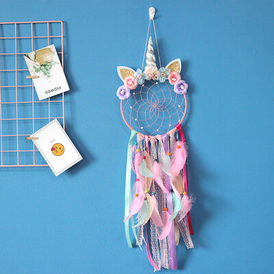 Unicorn Dream Catcher LED Light Wind Chimes Feather Hanging Dream Catchers Υπνοδωμάτιο Κρεμάστρες τοίχου Διακόσμηση Unicorn Dreamcatcher