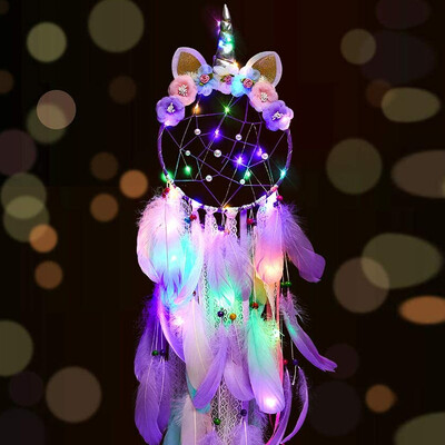 Unicorn Dream Catcher LED Light Wind Chimes Feather Hanging Dream Catchers Υπνοδωμάτιο Κρεμάστρες τοίχου Διακόσμηση Unicorn Dreamcatcher