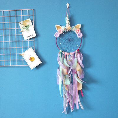 Unicorn Dream Catcher LED Light Wind Chimes Feather Hanging Dream Catchers Υπνοδωμάτιο Κρεμάστρες τοίχου Διακόσμηση Unicorn Dreamcatcher