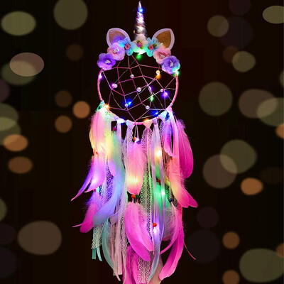 Unicorn Dream Catcher LED Light Wind Chimes Feather Hanging Dream Catchers Υπνοδωμάτιο Κρεμάστρες τοίχου Διακόσμηση Unicorn Dreamcatcher