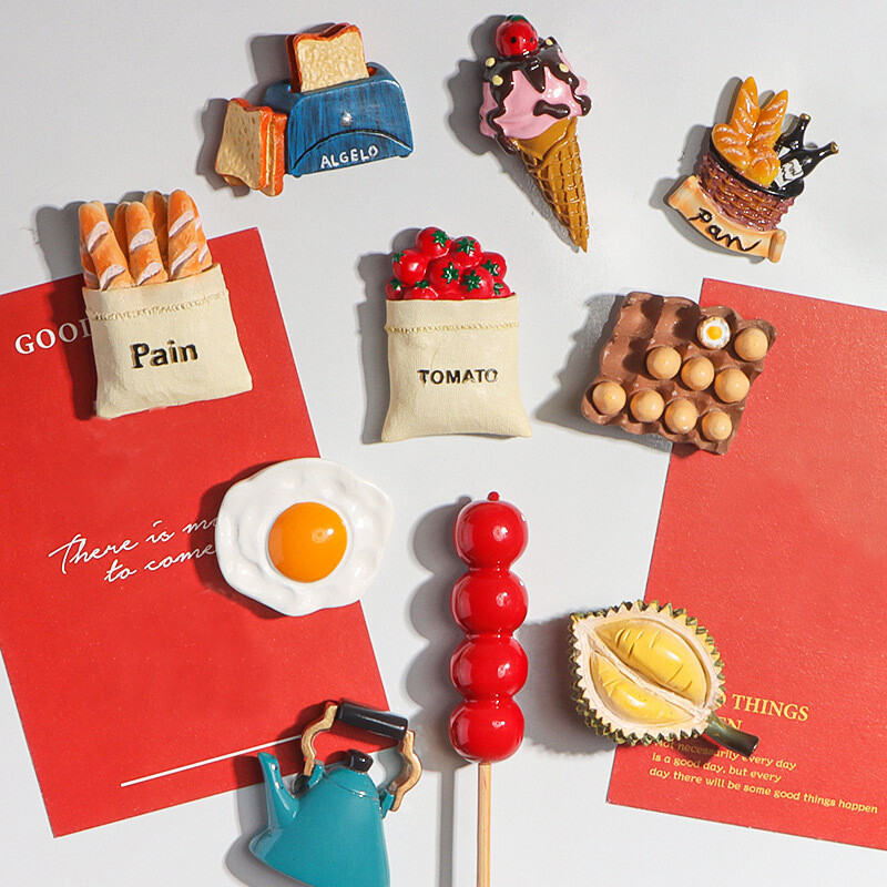 Autocolante magnetice amuzante 3D pentru frigider pentru alimente, prăjitor de pâine, rășină, rosii, cafea, ou, tartă, autocolante magnetice, decor pentru bucătărie de acasă
