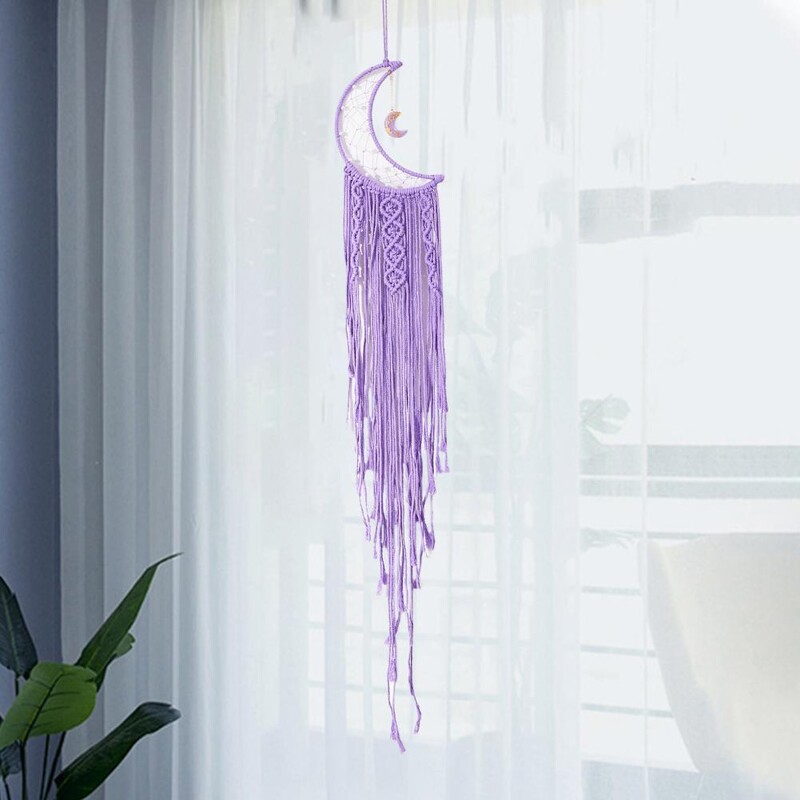 Pandantiv cu ciucuri frânghie din bumbac, țesută manual, țesătură luminoasă, stea, lună, agatatoare de perete din macrame, realizat manual, prins de vise elegant