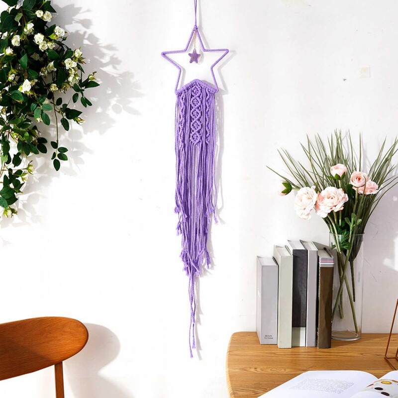 Pandantiv cu ciucuri frânghie din bumbac, țesută manual, țesătură luminoasă, stea, lună, agatatoare de perete din macrame, realizat manual, prins de vise elegant