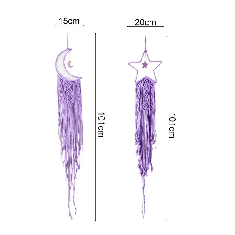 Pandantiv cu ciucuri frânghie din bumbac, țesută manual, țesătură luminoasă, stea, lună, agatatoare de perete din macrame, realizat manual, prins de vise elegant