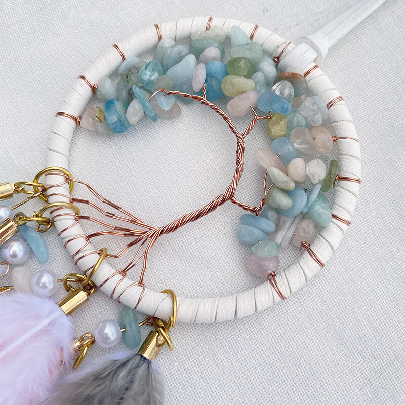 Apărător de vise Pene țesute manual Clopoței de vânt Arborele vieții Cristal Piatră pandantiv mașină Ornamente suspendate pentru dormitor Cadouri de festival