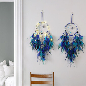 Μπλε Dream Catchers Feather Boho Στολίδι για Υπνοδωμάτιο Wind Catcher Moon Art Wall Hanging Home Σαλόνι Εσωτερικό Διακοσμητικό