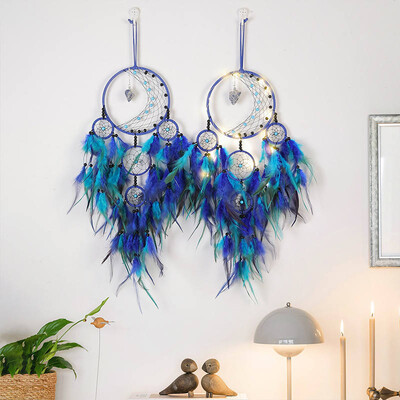 Ornament Boho cu pene albastre pentru captatoare de vise pentru dormitor, prindere de vânt, artă lunară, agățat pe perete, acasă, sufragerie, interior decorativ