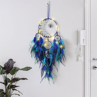 Μπλε Dream Catchers Feather Boho Στολίδι για Υπνοδωμάτιο Wind Catcher Moon Art Wall Hanging Home Σαλόνι Εσωτερικό Διακοσμητικό