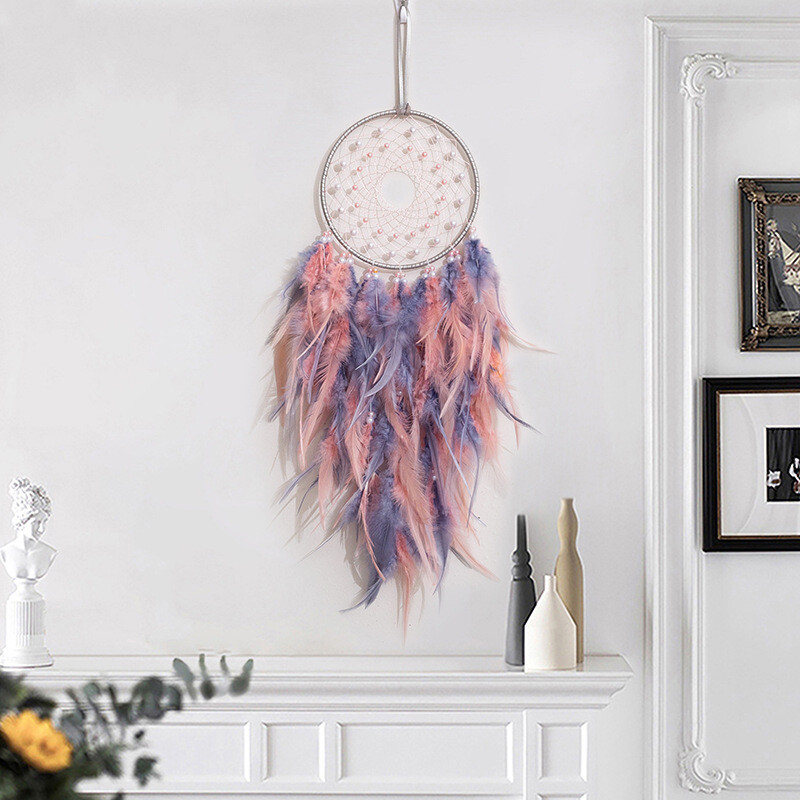 Atrapator de vise cu pene albe Ornamente de cameră pentru agățat pe perete pentru camera fetelor Captorul de vise cu vânt gri Boho Decor pentru casă Cadouri unice
