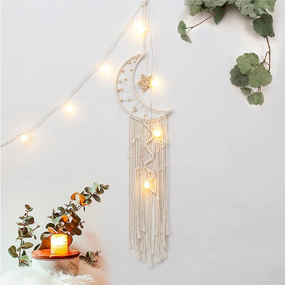 Bohemian Moon Dream Catcher με φως ή χωρίς φως, φούντα Macrame Dreamcatcher δώρα για κορίτσι, διακόσμηση σπιτιού σε τοίχο