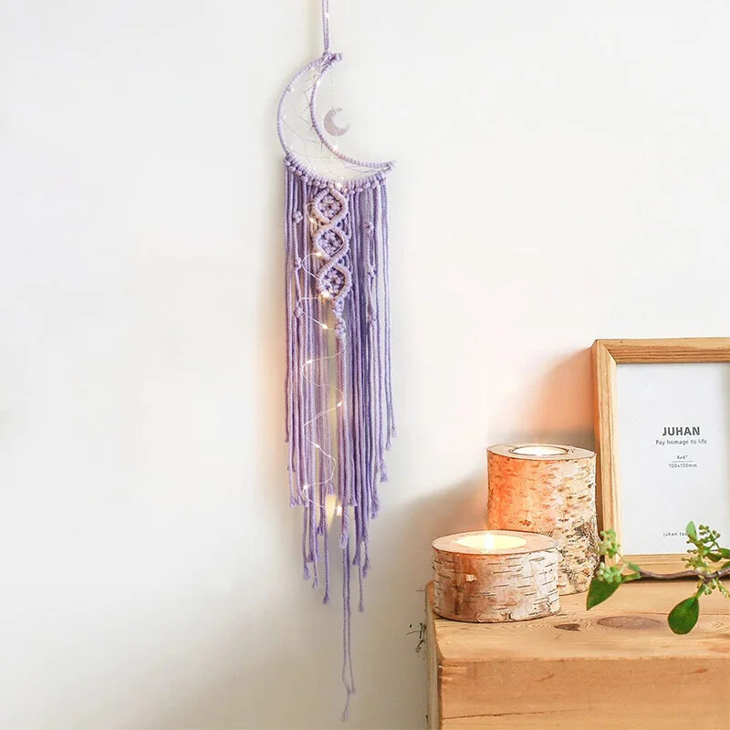 Captorul de vise Bohemian Moon cu lumină sau fără lumină, ciucuri Macrame Dreamcatcher Cadouri pentru fete, agățat pe perete decor acasă