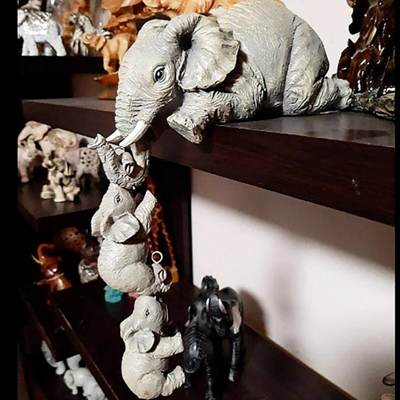 3 buc/set figurine drăguțe elefant elefant ținând pui de elefant atârnat de marginea unui raft sau a unei mese artizanat din rășină