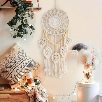 1 τμχ Dream Macrame Dream Catchers για Υπνοδωμάτιο Ενηλίκων Dream Catcher Διακόσμηση τοίχου Μεγάλη Boho Κρεμάστρα τοίχου με 5 υφαντά φύλλα ξύλο