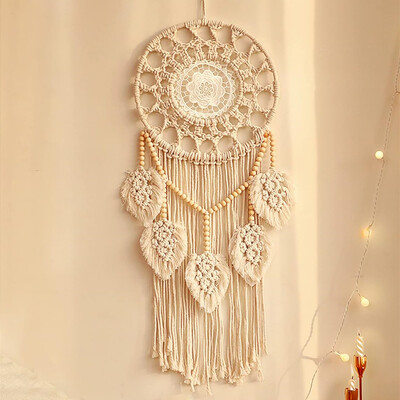 1 τμχ Dream Macrame Dream Catchers για Υπνοδωμάτιο Ενηλίκων Dream Catcher Διακόσμηση τοίχου Μεγάλη Boho Κρεμάστρα τοίχου με 5 υφαντά φύλλα ξύλο