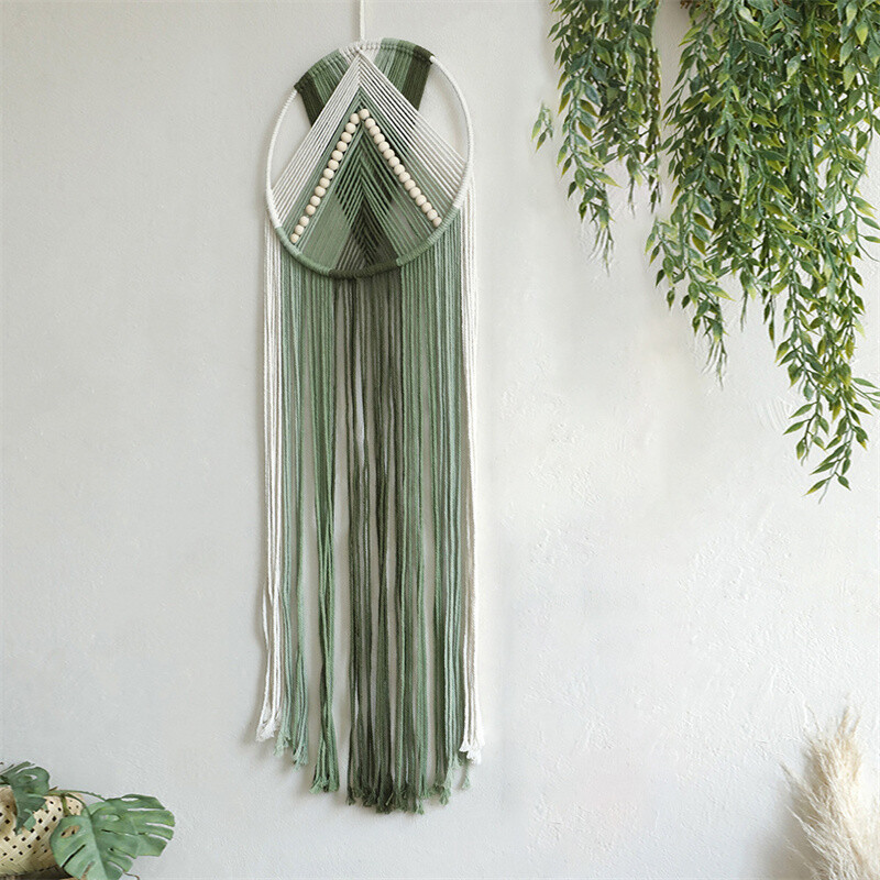 Tapiserie pentru apărătoare de vise din macrame verde, ciucuri boem, agățat pe perete, ornament nordic, lucrat manual, pentru decor boho de sufragerie