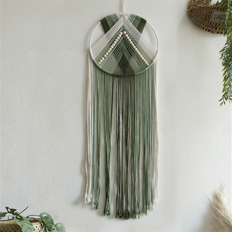Tapiserie pentru apărătoare de vise din macrame verde, ciucuri boem, agățat pe perete, ornament nordic, lucrat manual, pentru decor boho de sufragerie