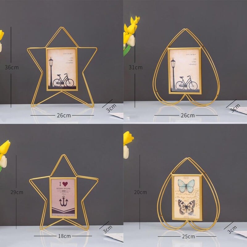 Fényképkeret Iron Art nagy tisztaságú üveg ötágú csillag/szív alakú szabadon álló aranyszínű fém képkeret