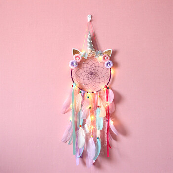 Ροζ LED Light Unicorn Dream Catcher Στολίδι για κορίτσια Boho Διακόσμηση δωματίου Υπνοδωμάτιο Unicorn Macrame Dreamcatcher Κρεμαστό μενταγιόν