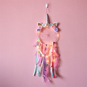 Ροζ LED Light Unicorn Dream Catcher Στολίδι για κορίτσια Boho Διακόσμηση δωματίου Υπνοδωμάτιο Unicorn Macrame Dreamcatcher Κρεμαστό μενταγιόν