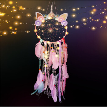 Ροζ LED Light Unicorn Dream Catcher Στολίδι για κορίτσια Boho Διακόσμηση δωματίου Υπνοδωμάτιο Unicorn Macrame Dreamcatcher Κρεμαστό μενταγιόν