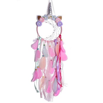 Ροζ LED Light Unicorn Dream Catcher Στολίδι για κορίτσια Boho Διακόσμηση δωματίου Υπνοδωμάτιο Unicorn Macrame Dreamcatcher Κρεμαστό μενταγιόν